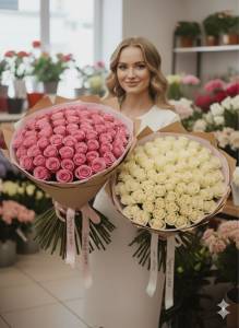 Букет из 101 бело-розовой розы Джамиля, длиной 60см