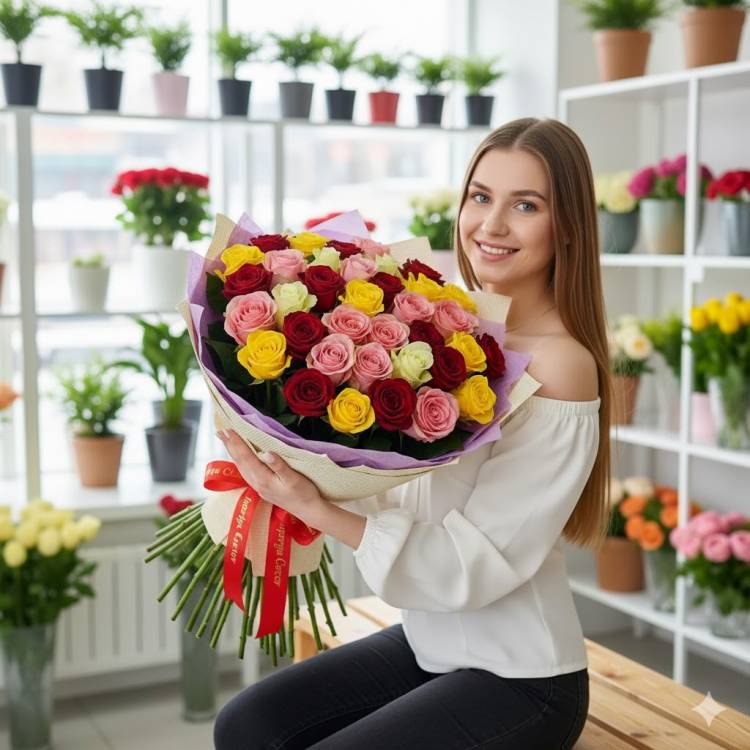 Букет из 15 микс роз 60 см