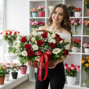 Сборная корзина из красных роз и эустомы