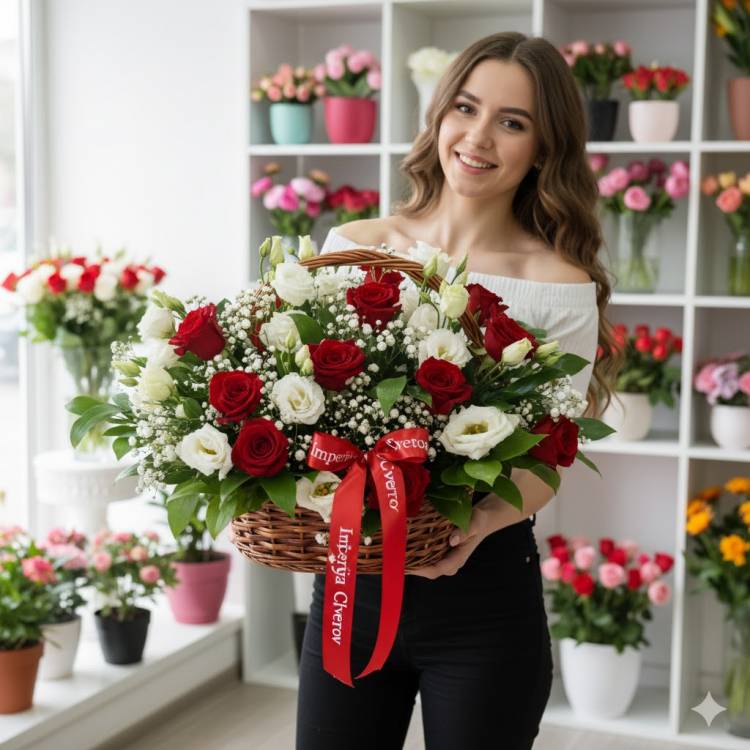 Сборная корзина из красных роз и эустомы